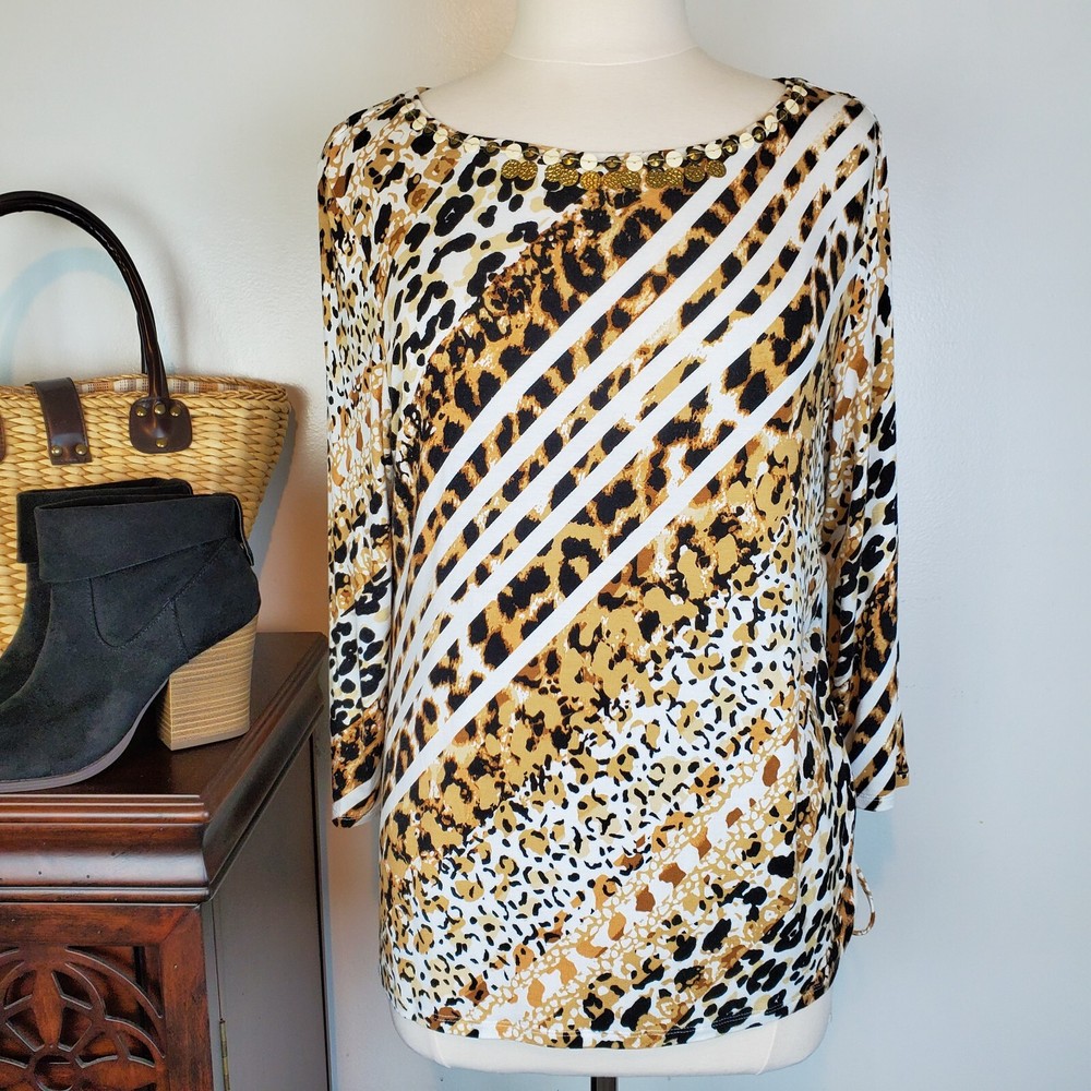 Ruby Rd. Soft Striped Animal Print Embellished Neck Side Drawstring Top Size L