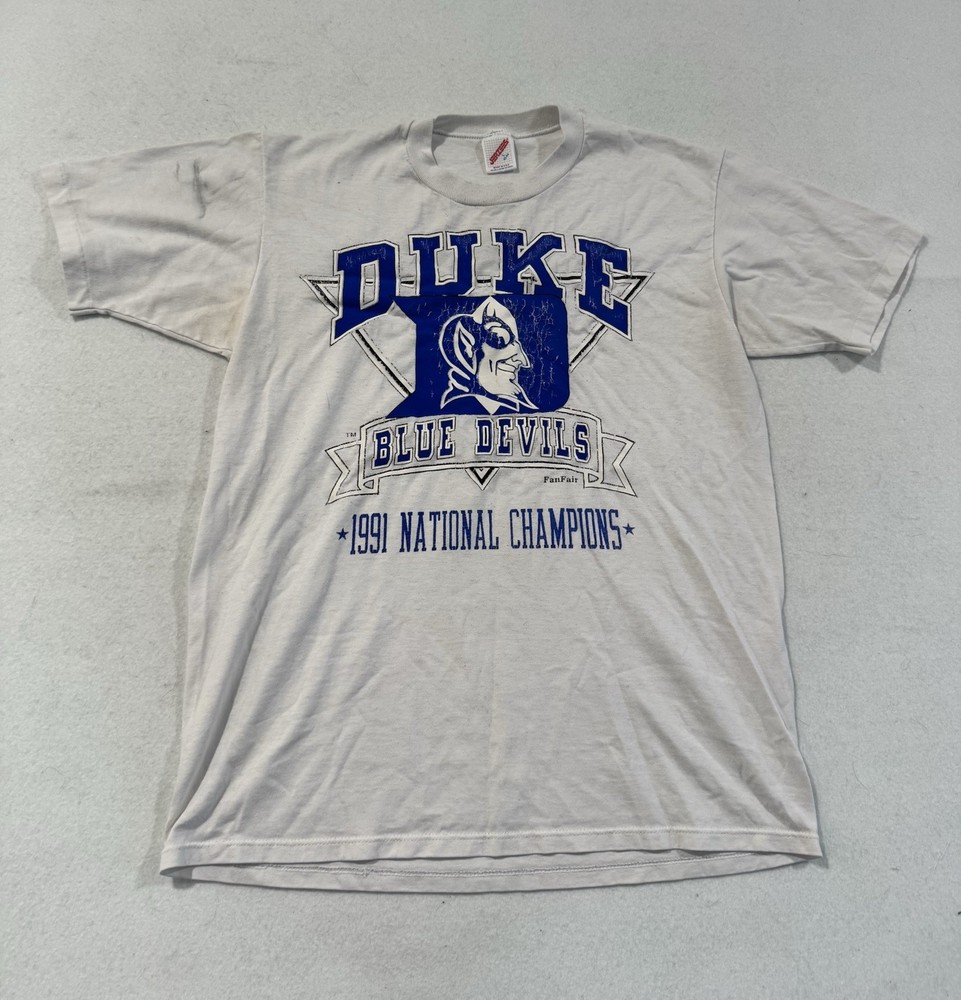 Vintage 1991 Basketball Duke University Blue Devils College White Shirt Mens L