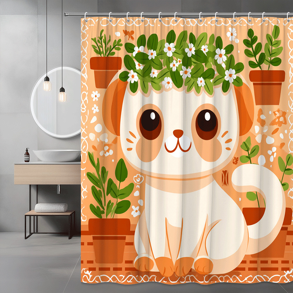 Cute Cat Shower Curtain Floral Potted Plant Orange Background