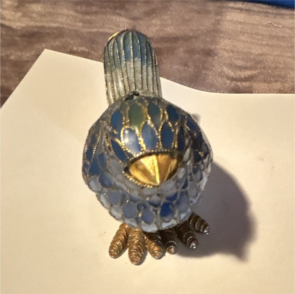 Blue Gold Enamel Metal Bird Figurine 3D Effect Unboxed
