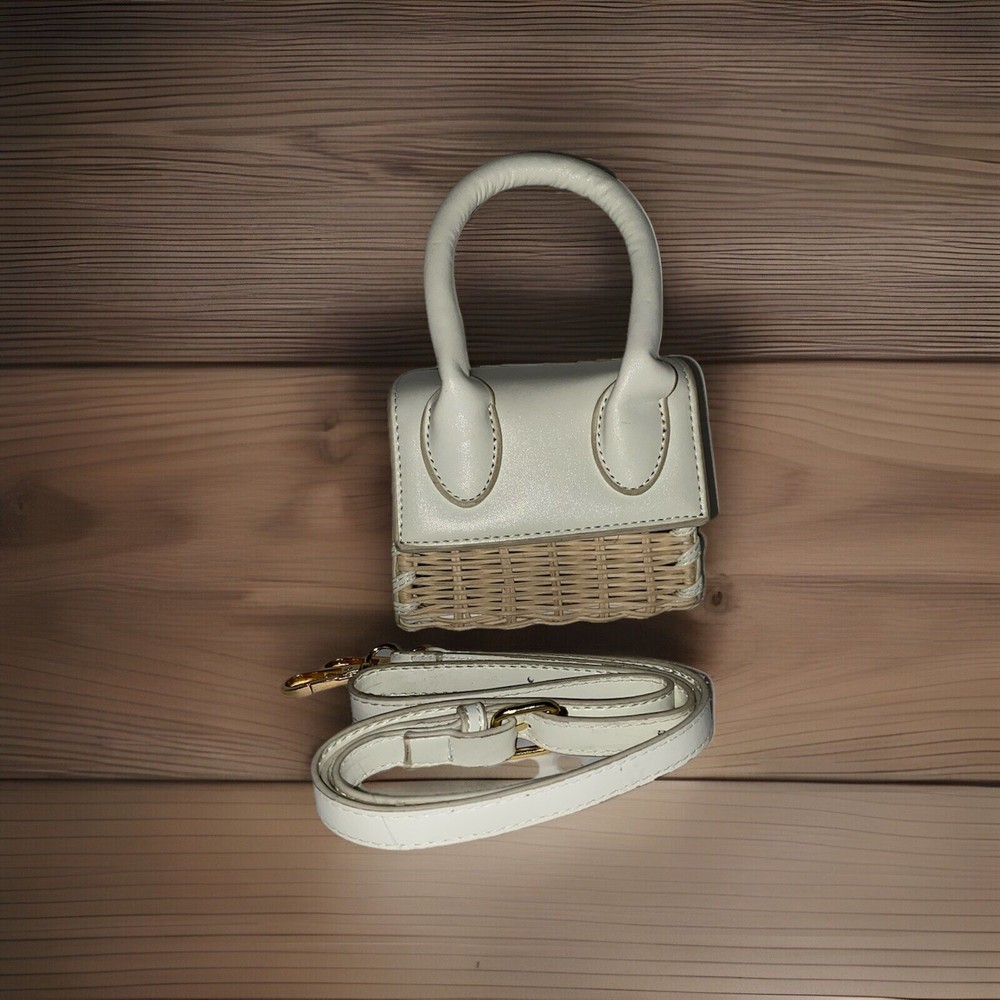 Mini White Wicker Tote Crossbody Handbag