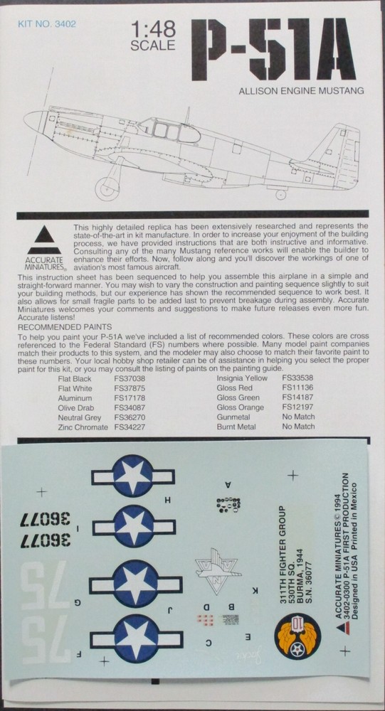 Accurate Miniatures 1/48th Scale P-51A Mustang - Decals from Kit 3402-image