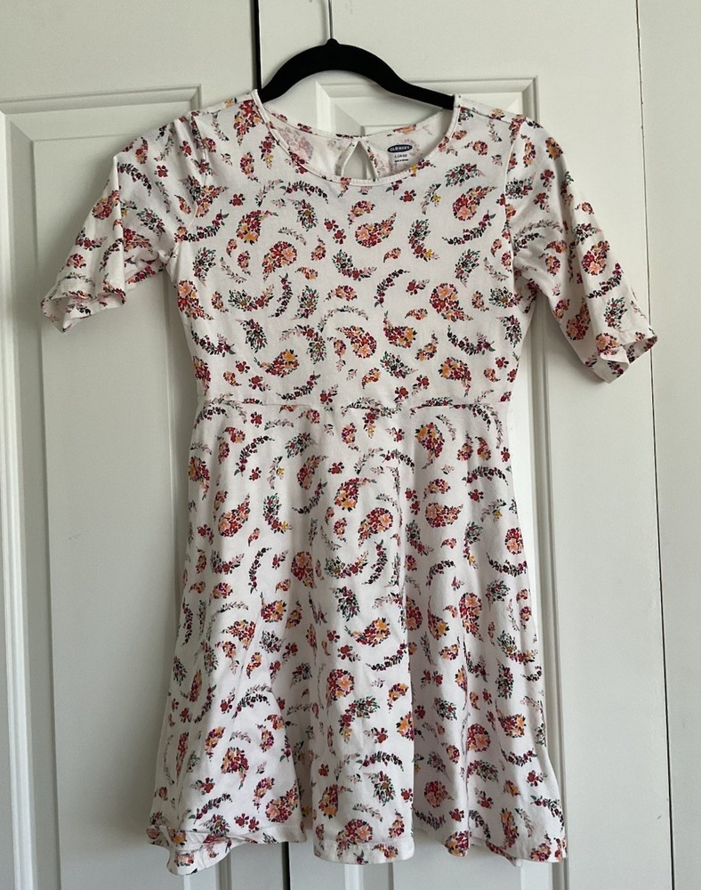 Old Navy Girls Floral Paisley Fit and Flare Dress White Pink Orange Size L 10-12