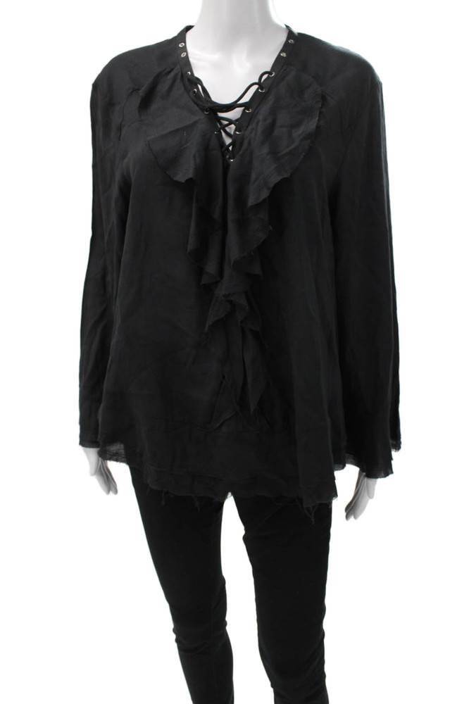 IRO Women Tunic Blouse Black V-Neck Lace Up Long Sleeve Viscose Size 40Free Shipping in US $100+ Orders | $6.95 Orders Below