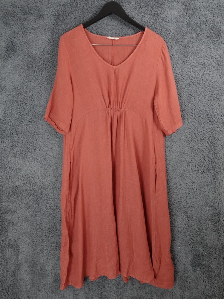 Woolovers Midi Dress Womens UK 12 Salmon Red Pink 100% Linen Pockets Made Italy