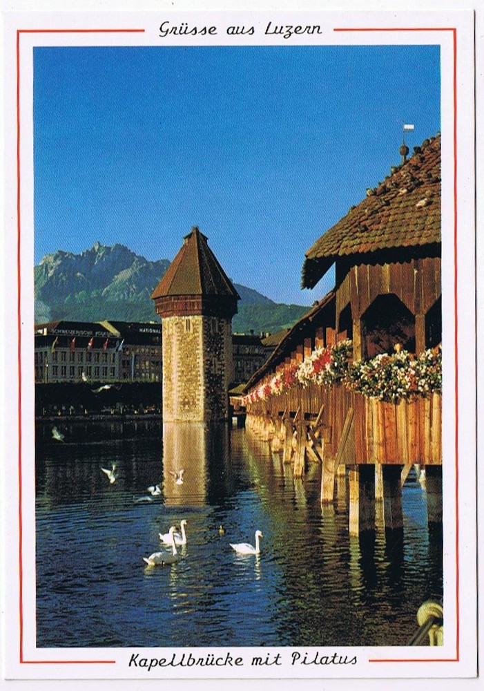 Postcard Luzern Lucerne Switzerland Chapel Bridge With Pilatus