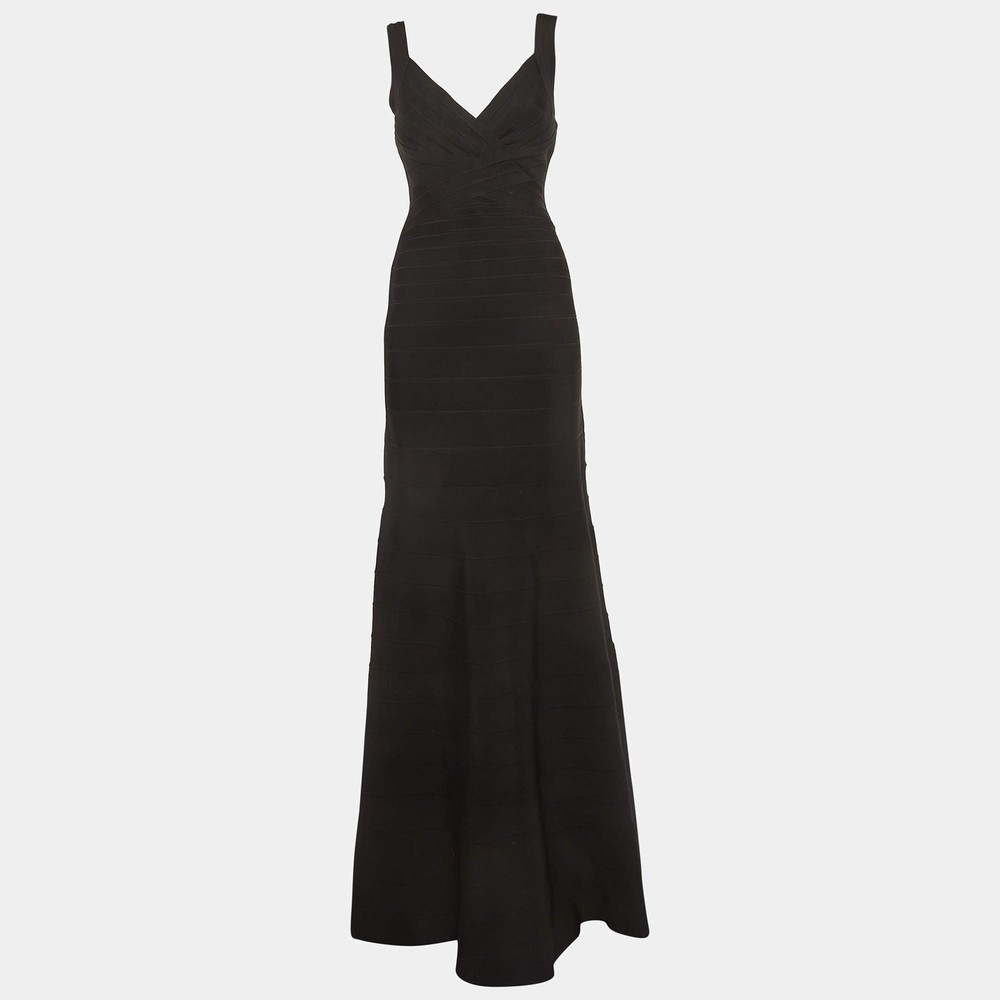 Herve Leger Black Bandage Knit Flared Kayin Maxi Dress M