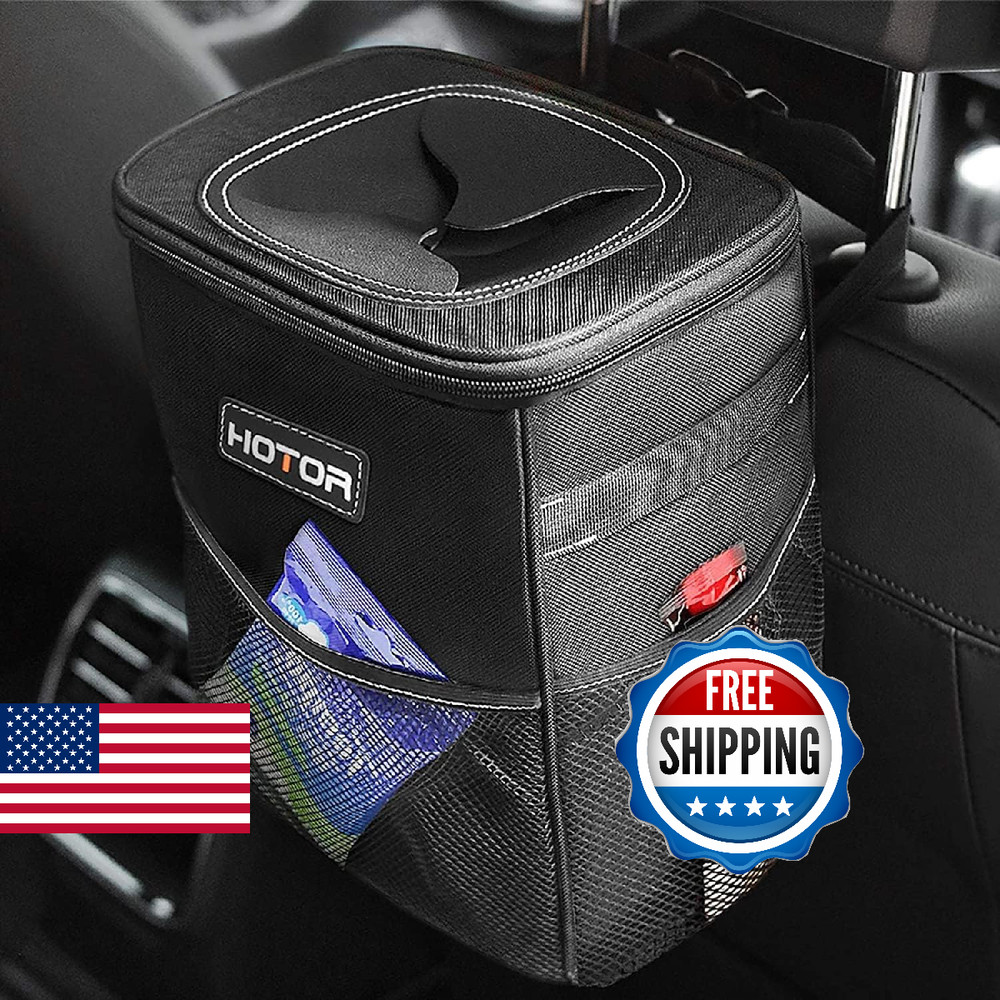 HOTOR Car Trash Can, Leak-Proof w/Lid & Storage Pockets - Auto Organizer