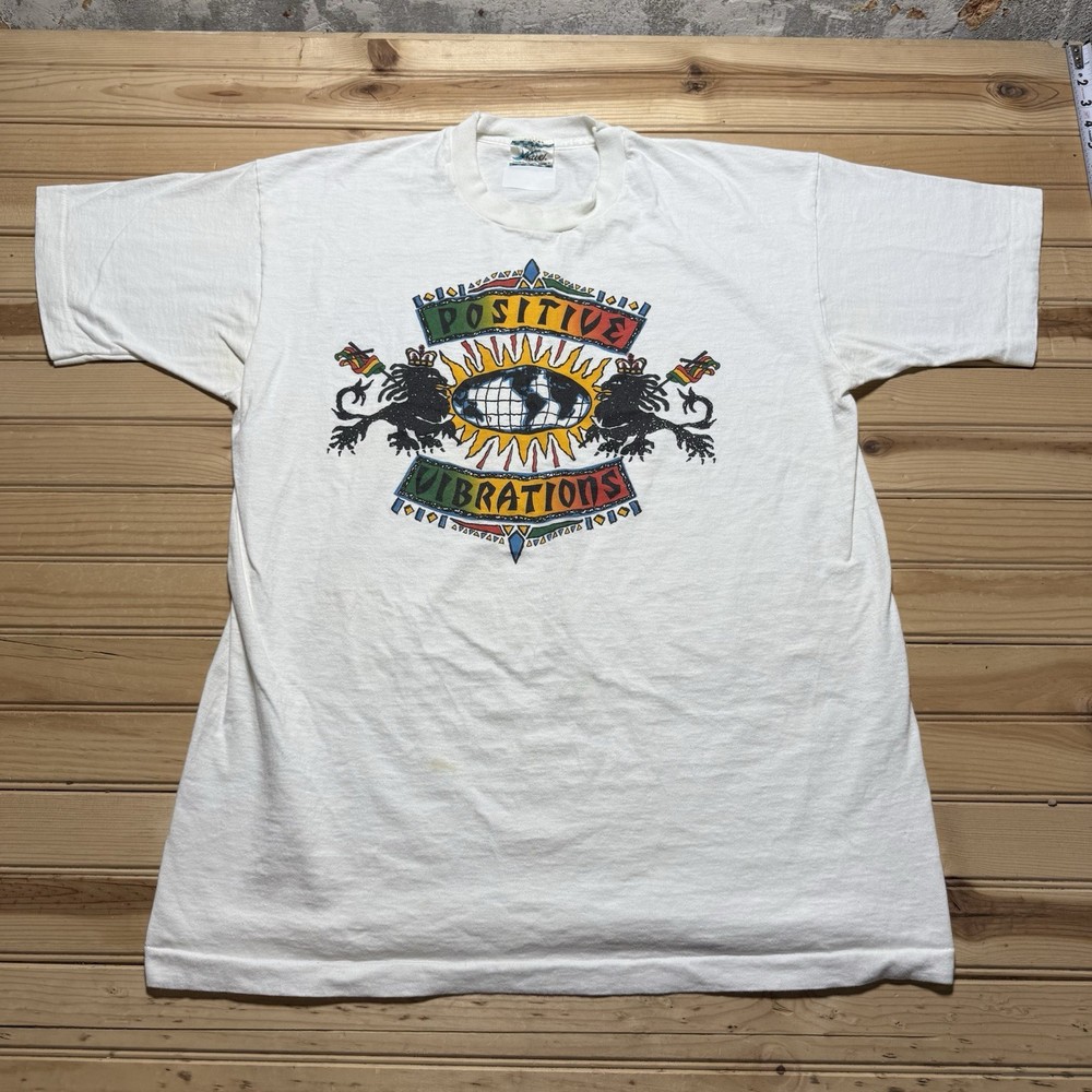 Vintage 80s 90s Positive Vibes Rasta Lions Fire Earth Skate Surf Shirt Size XL