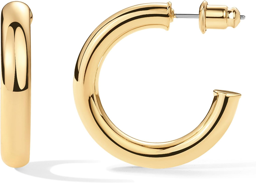14K Gold Plated Lightweight Chunky Open Hoops for Women | Trendy Gold Hoop Earri