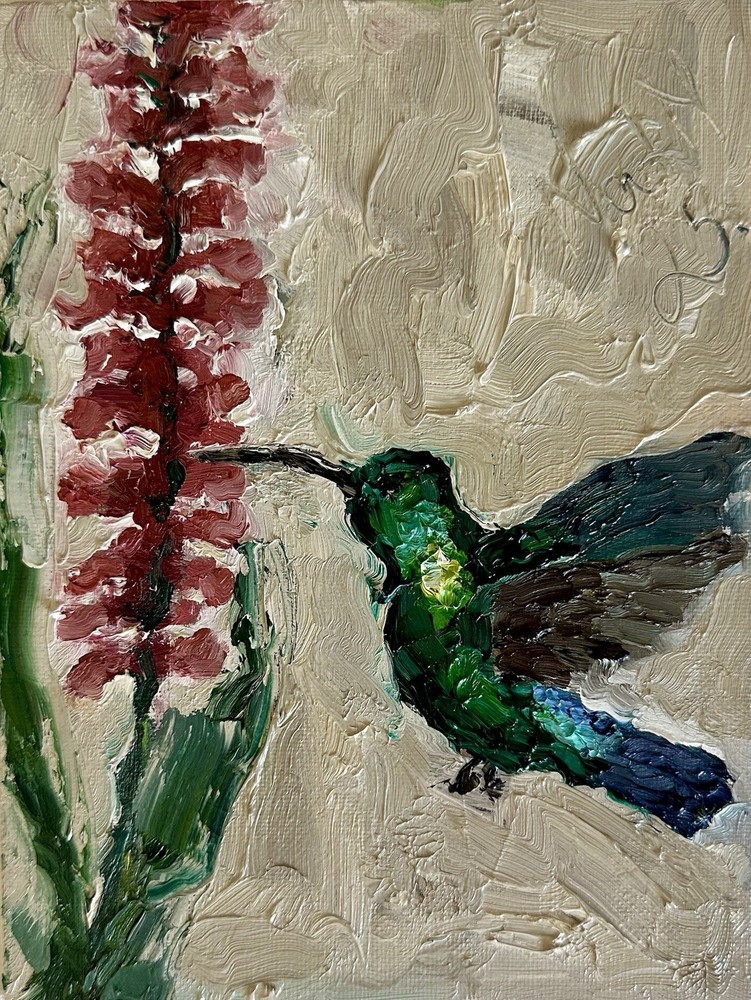 Original Impressionist Oil Painting Hummingbird Flower Nature Animal Art Canvas