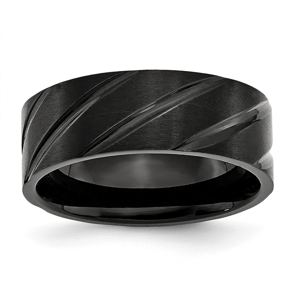 Titanium Brushed and Polished Black IP-plated Swirl Design 8mm Band Ring Size 8