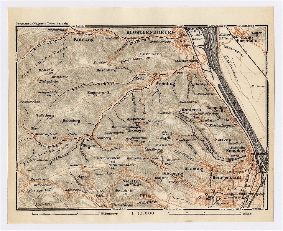 1911 Antique Map Of Vienna Doebling Klosterneuburg Vicinity / Austria