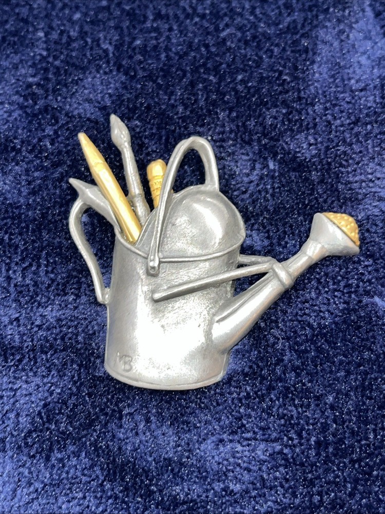 Vtg Signed M BASTIN 1999 Pewter Watering Can w/Pencils Brush Art Supplies Pin