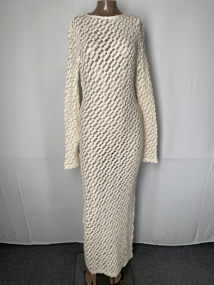 Rohe Women Maxi Dress Cream Beige Size 4 Lace Boat Neck Long Sleeve Cotton Blend