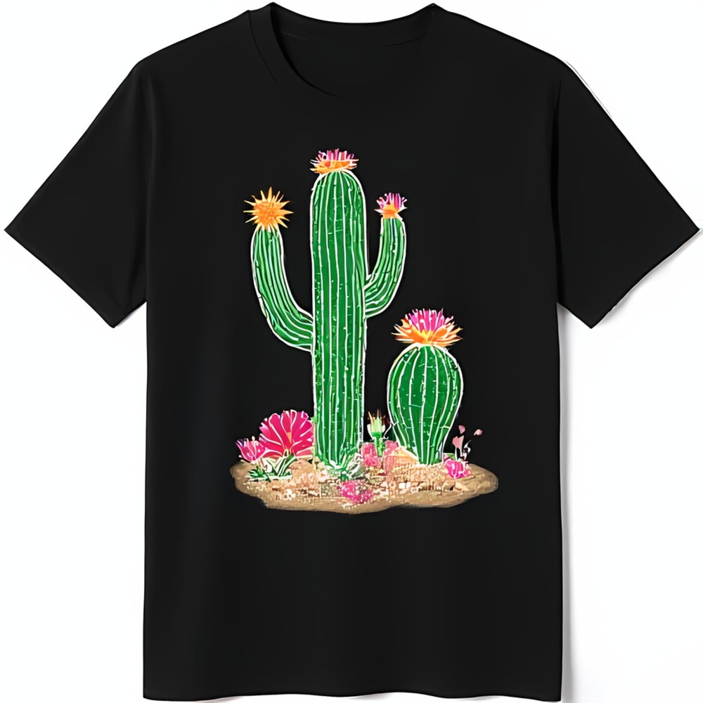 Black Cactus Graphic T-Shirt for Women Cute Cartoon Cacti & Flowers Design