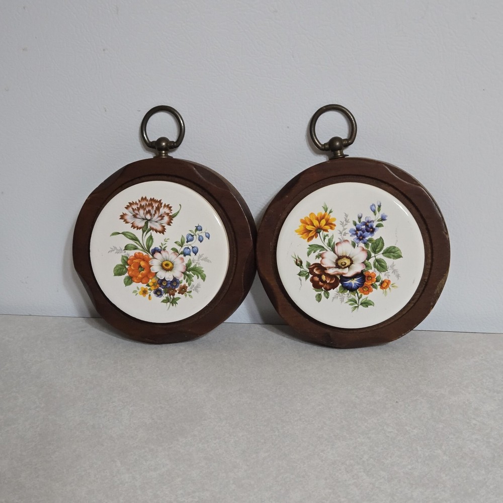 Vintage Wood And Ceramic Floral Tile Trivet Hot Plate Wall Hanging Decor