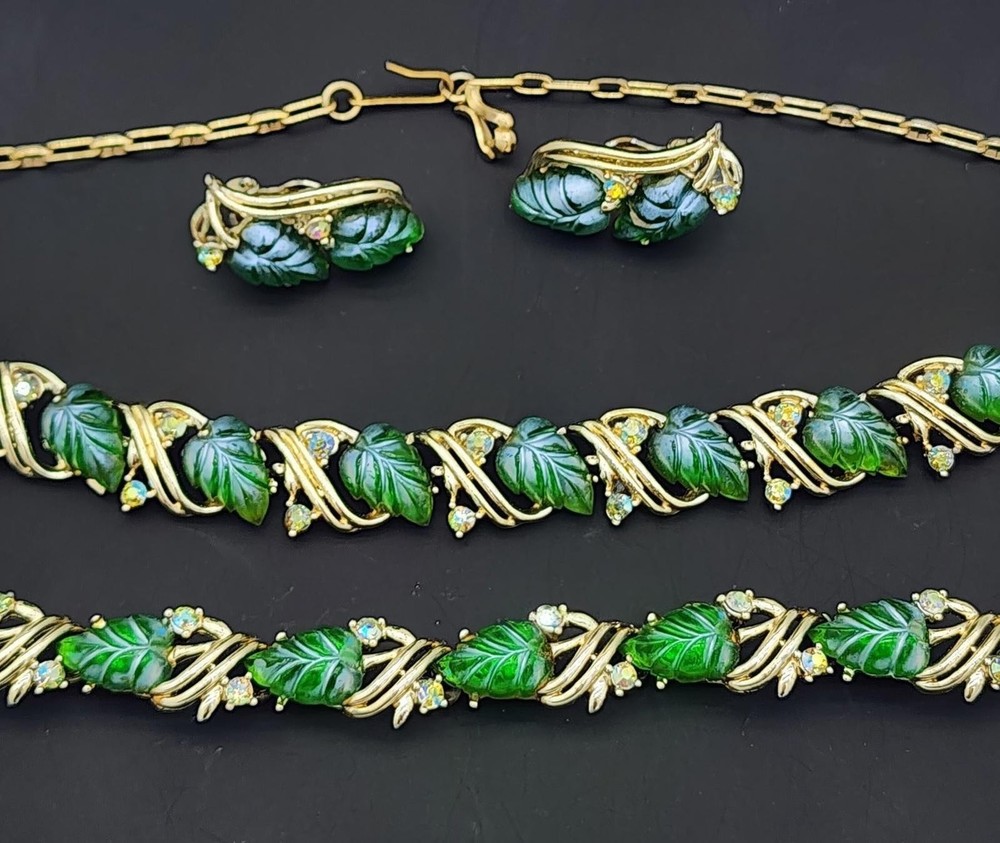 Rare Signed STAR Parure Green Art Glass Jelly Leaf AB Rhinestones Set ~ Pristine