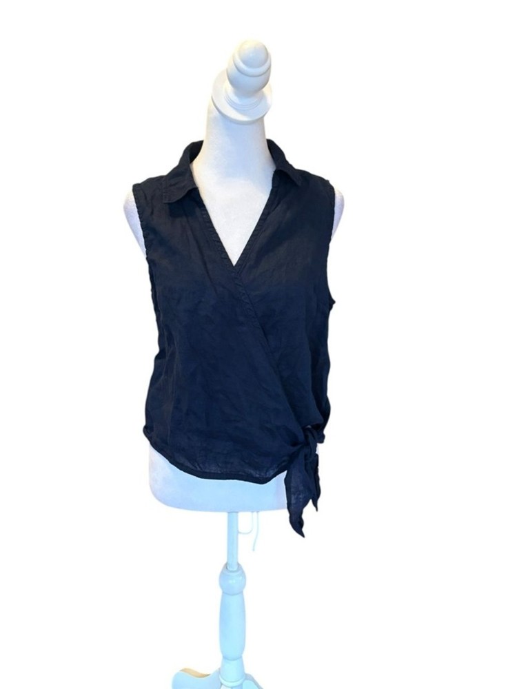 Cynthia Rowley Linen Wrap Top Sleeveless Navy Blue Womens Size Large