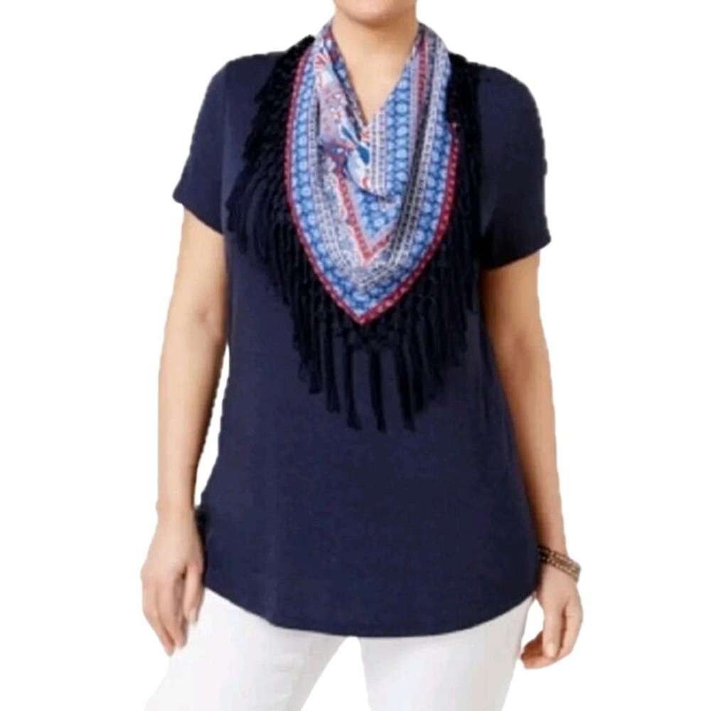 NWOT Style & Co. Sz S Americana Soft Stretch Top w/ Fringe Scarf Patriotic
