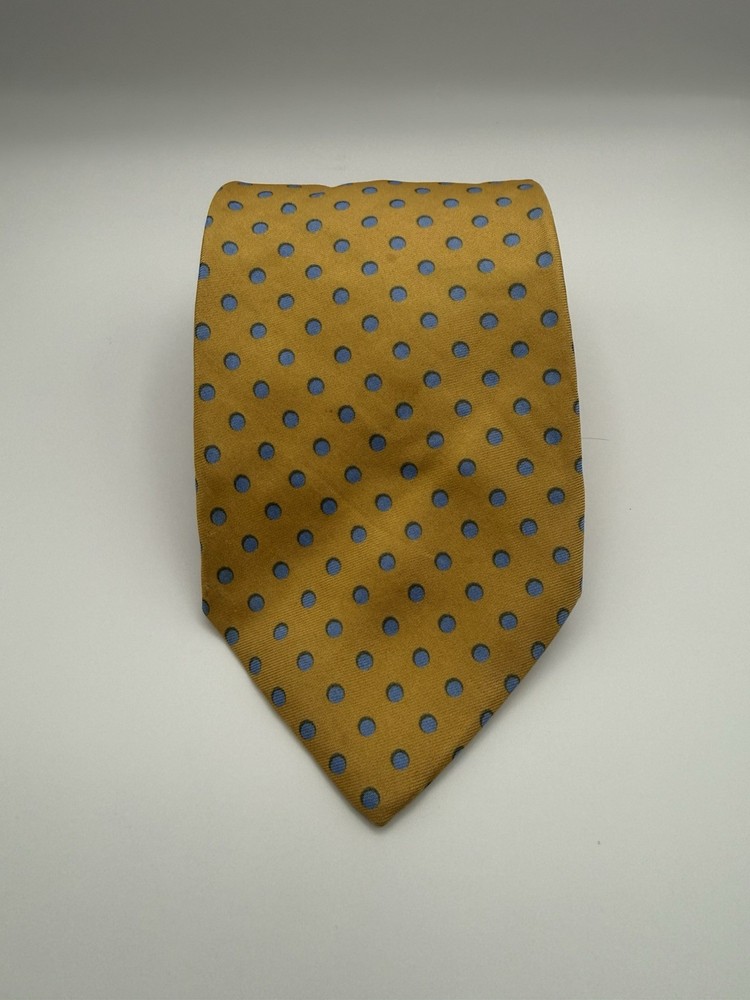 Brooks Brothers Makers Men’s Tie Silk Necktie Yellow Blue Polka Dot  (T383)