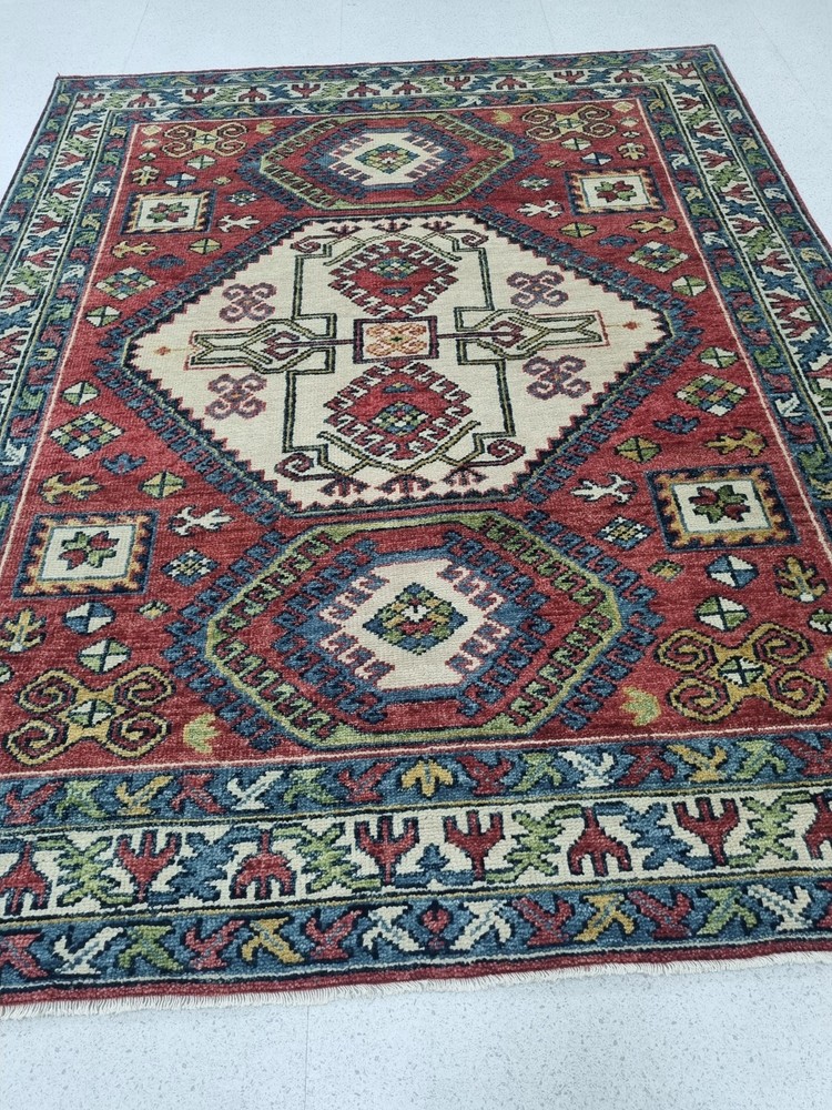 Hand Knotted Red Oushak Rug, Ivory Medallion Geometric Wool Area Carpet