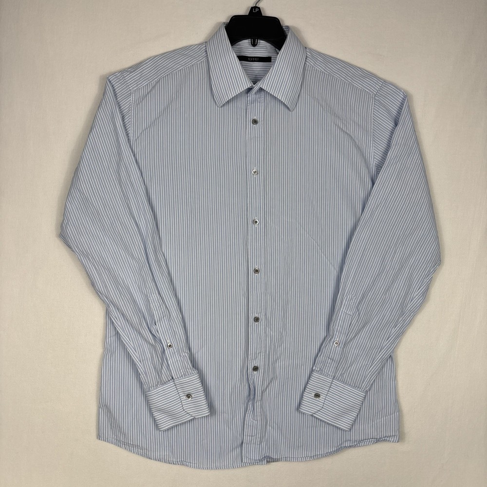 Gucci Button Up Men's 42 16.5 Blue Striped Cotton Preppy Shirt Made In Italy