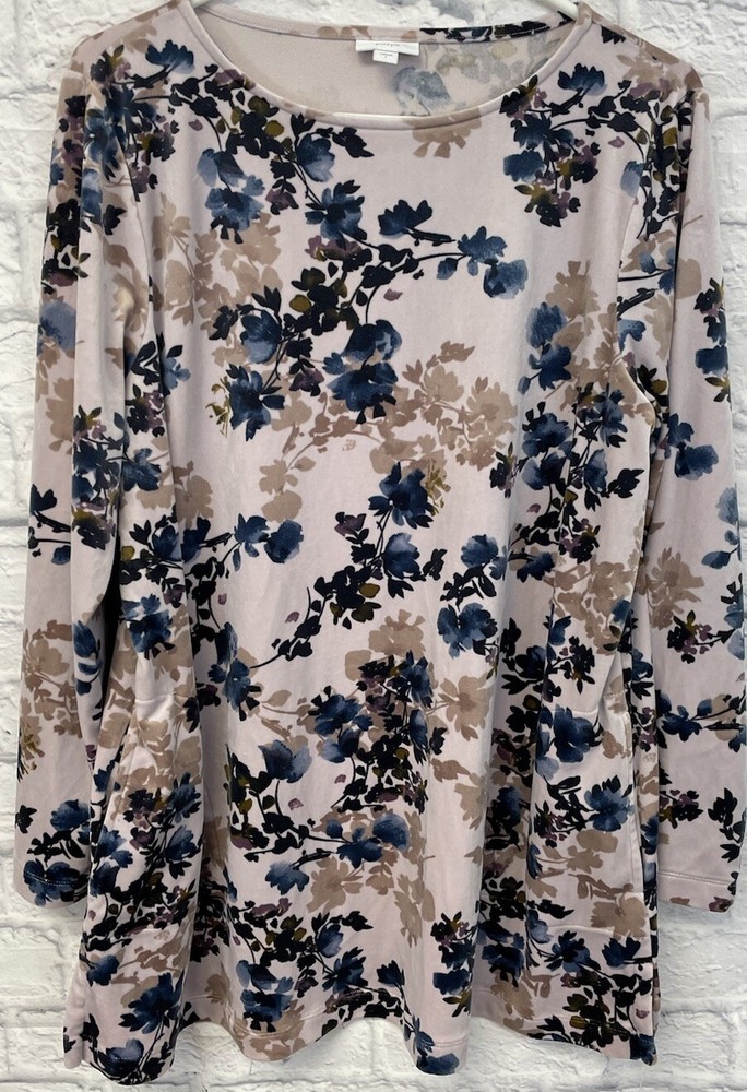 Pure J Jill velour tunic top women large pullover long slv velvet pockets floral