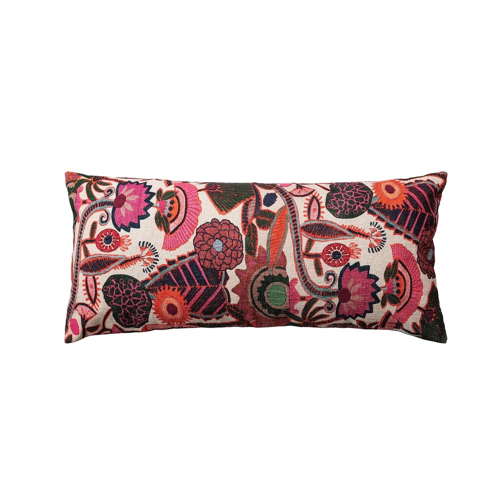 Creative Co-Op 36-inch Cotton Slub Embroidered Lumbar Pillow in Floral Chambray