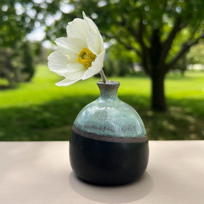 Small Japanese Ceramic Bud Vase Handmade Studio Pottery Wabi Sabi Zen Blue Green
