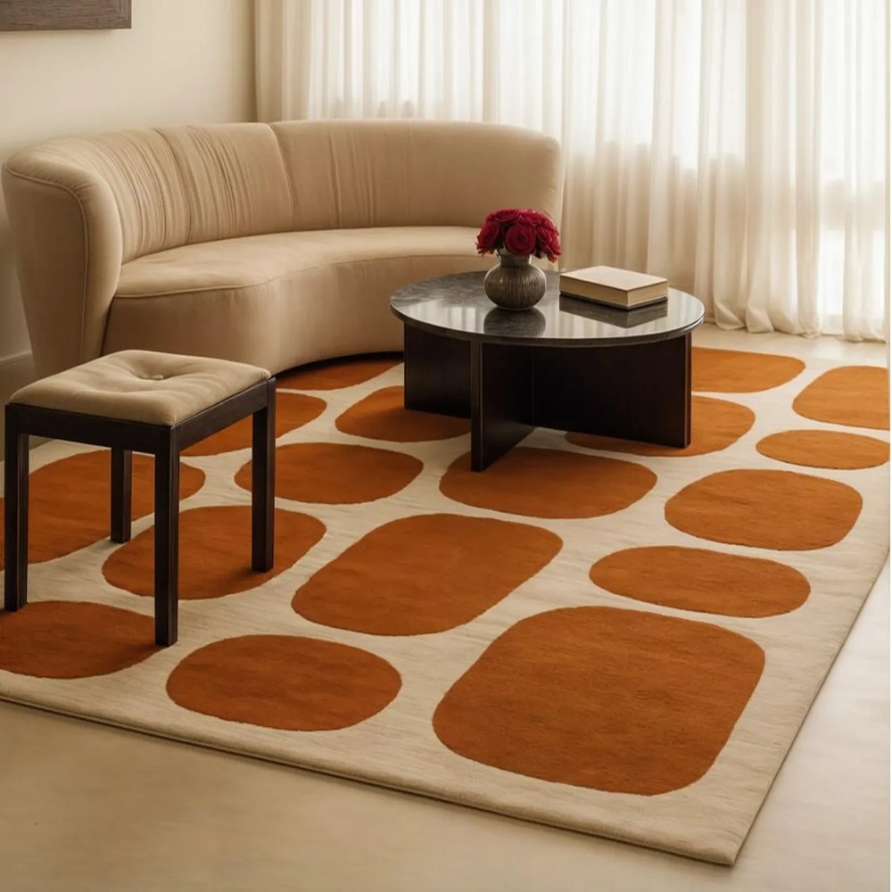 Hand-Tufted New Zealand Wool Rug: Terracotta Pebble Design, Mid-Century Modern
