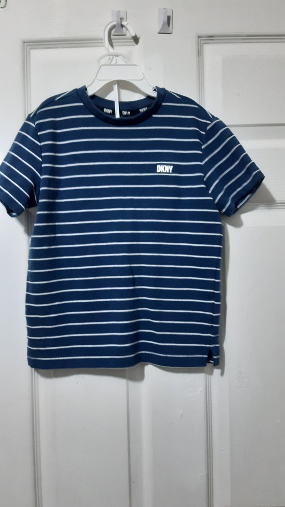 DKNY Boys Logo Striped Crew Neck Short Sleeve T-Shirt Blue/White Size S (8)
