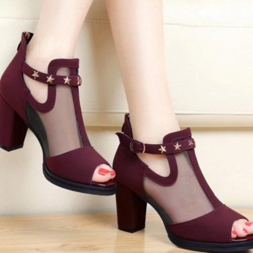 Women's Rivet Mesh Zipper Thick Heel Sandals High Heels Party Wedding Pumps