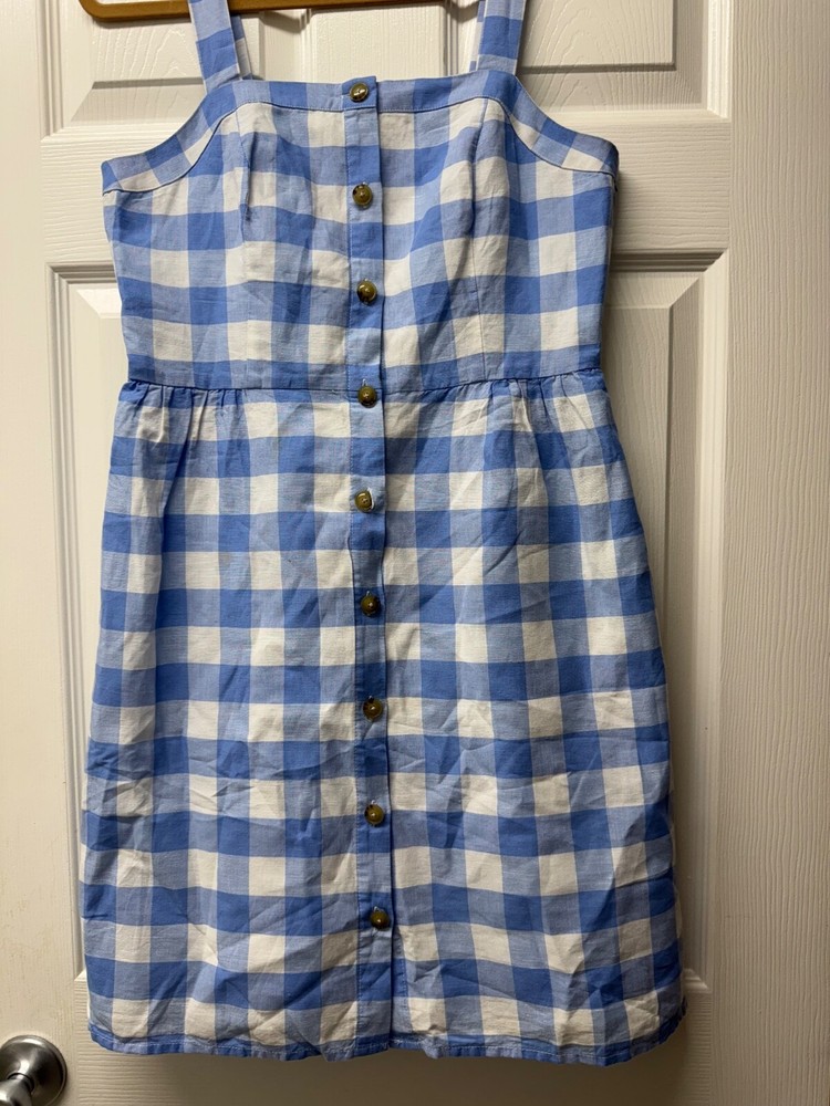 J Crew Women's Blue Gingham Linen Dress with Buttons-Size 4