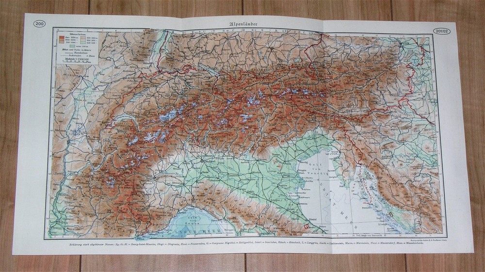 1937 Vintage Physical Map Of Alps Mountains / Germany Austria Italy Switzerland