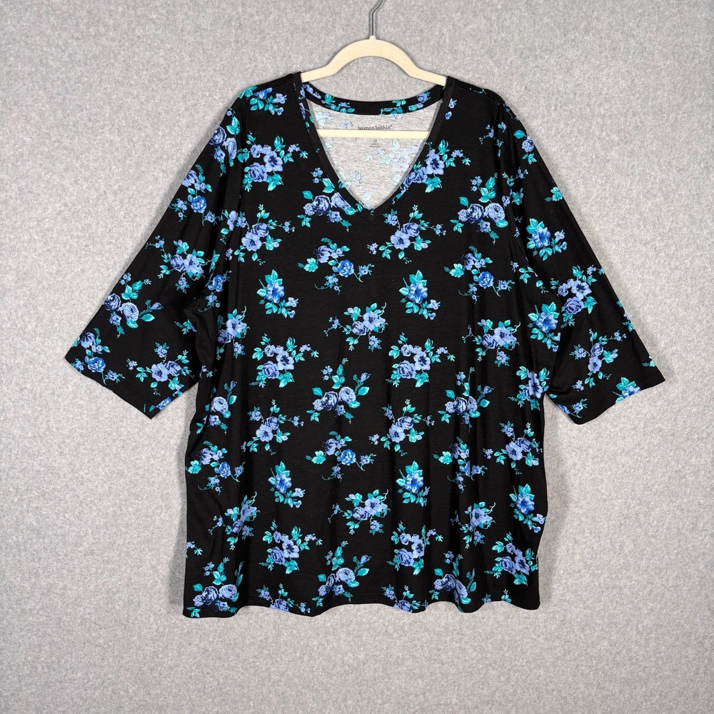Woman Within Tunic Top 2X Blue Green Floral Cotton Poly Jersey Stretch Comfort