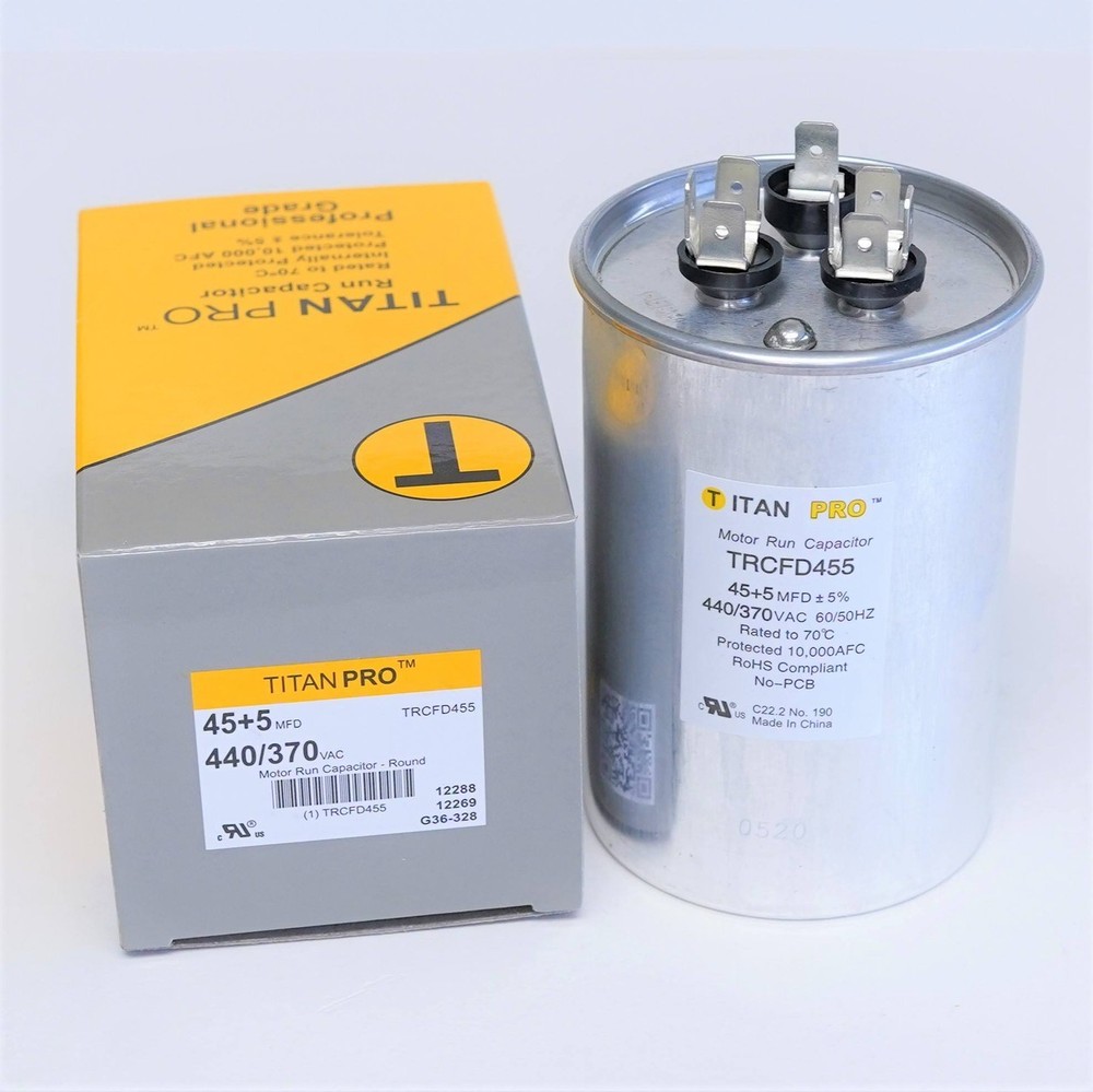 TitanPro TRCFD455 HVAC Round Dual Motor Run Capacitor 45/5 MFD/UF440/370 Volts