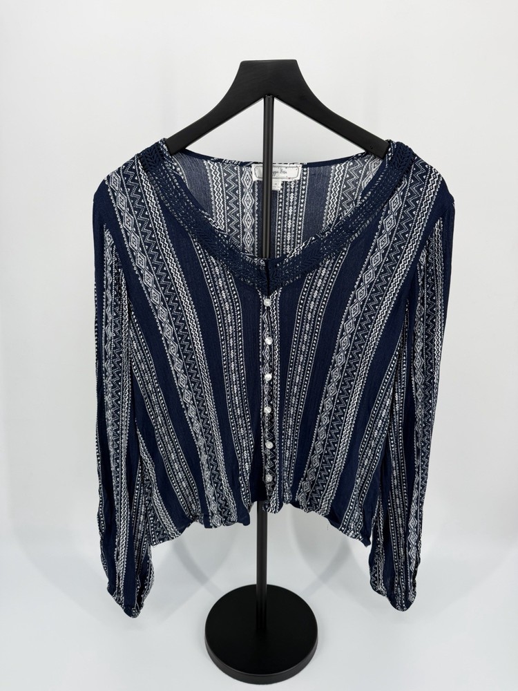 Hippie Rose Womens M Blue/White Crop top Coastal Navy Vert. V Neck Blouse