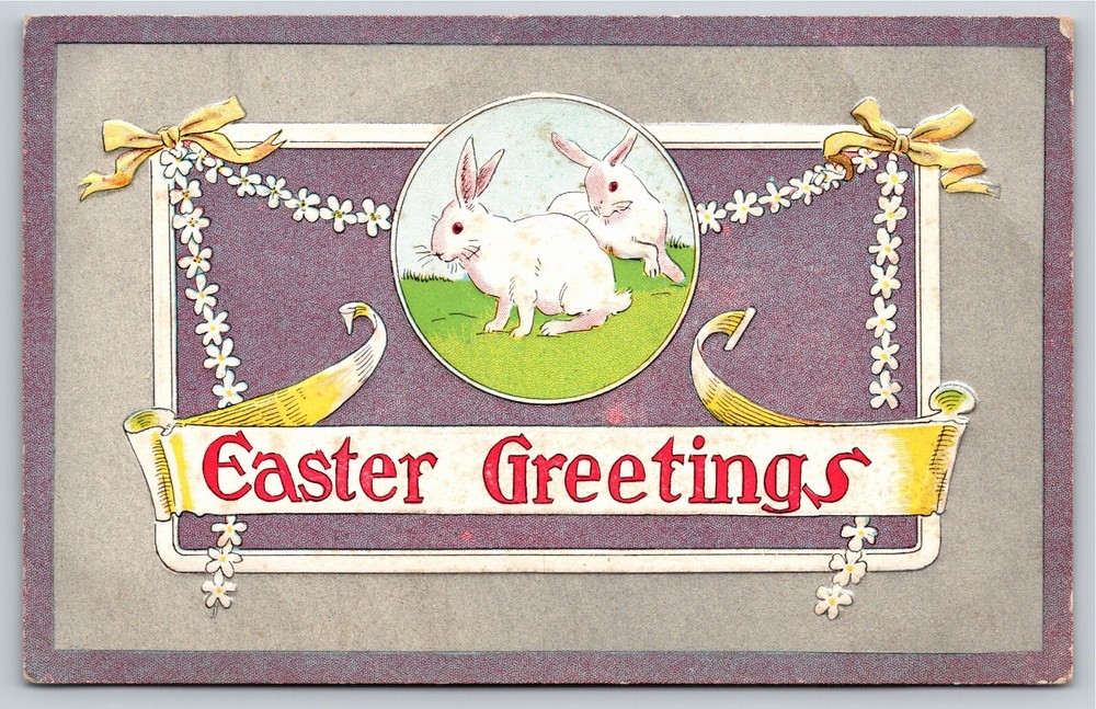 Holiday~Rabbits White Flowers Easter Greeting~Vintage Postcard