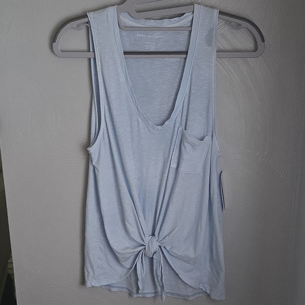 American Eagle Women's XS Blue Solid V-Neck Sleeveless Tie-Front Knit Tank Top