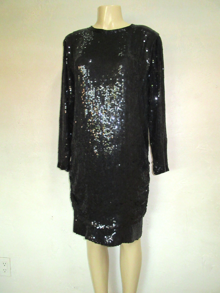 Judith Ann Creations Vintage 100% Silk Beaded Black sequin Dress size L