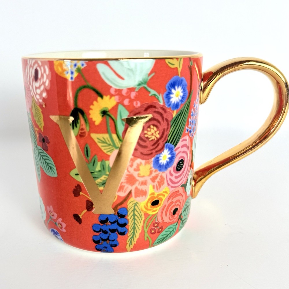 Rifle Paper Co Anthropologie Letter V Floral Mug Gold Handle Monogram Coffee Cup