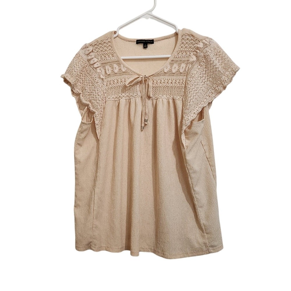 Adrienne Vittadini Beige Flutter Sleeve Tie-Neck Crochet Lace Boho Blouse Large