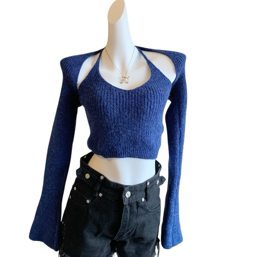 Blue Knit 2 Piece Set Halter Top Bolero Sweater Bell Sleeve XS S