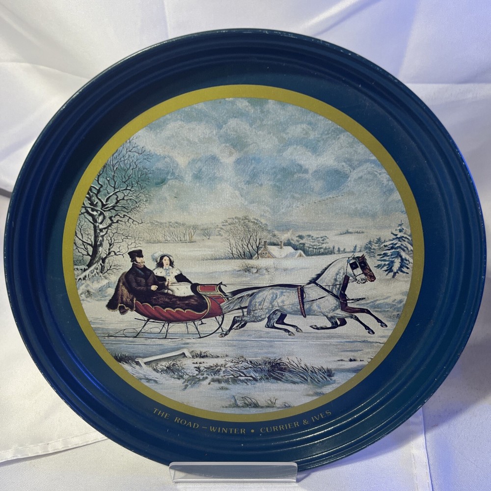 Vintage Currier & Ives Winter Horse-Drawn Sleigh Snow Christmas Tin