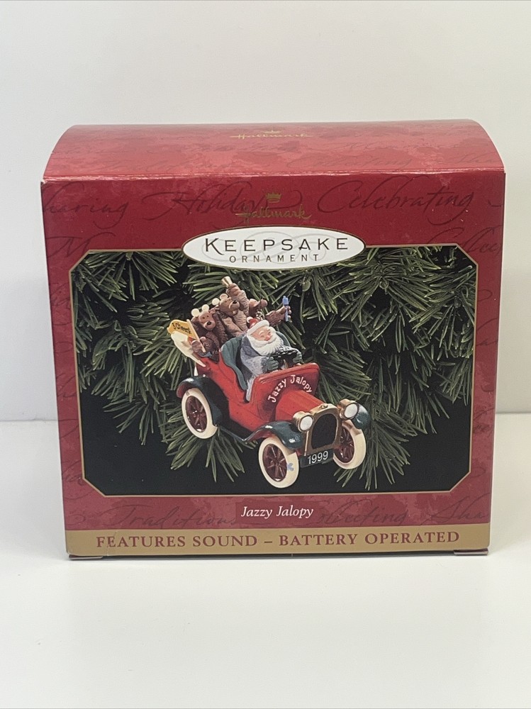 1999 Hallmark Ornament Magic Sound Jazzy Jalopy Santa and Reindeer