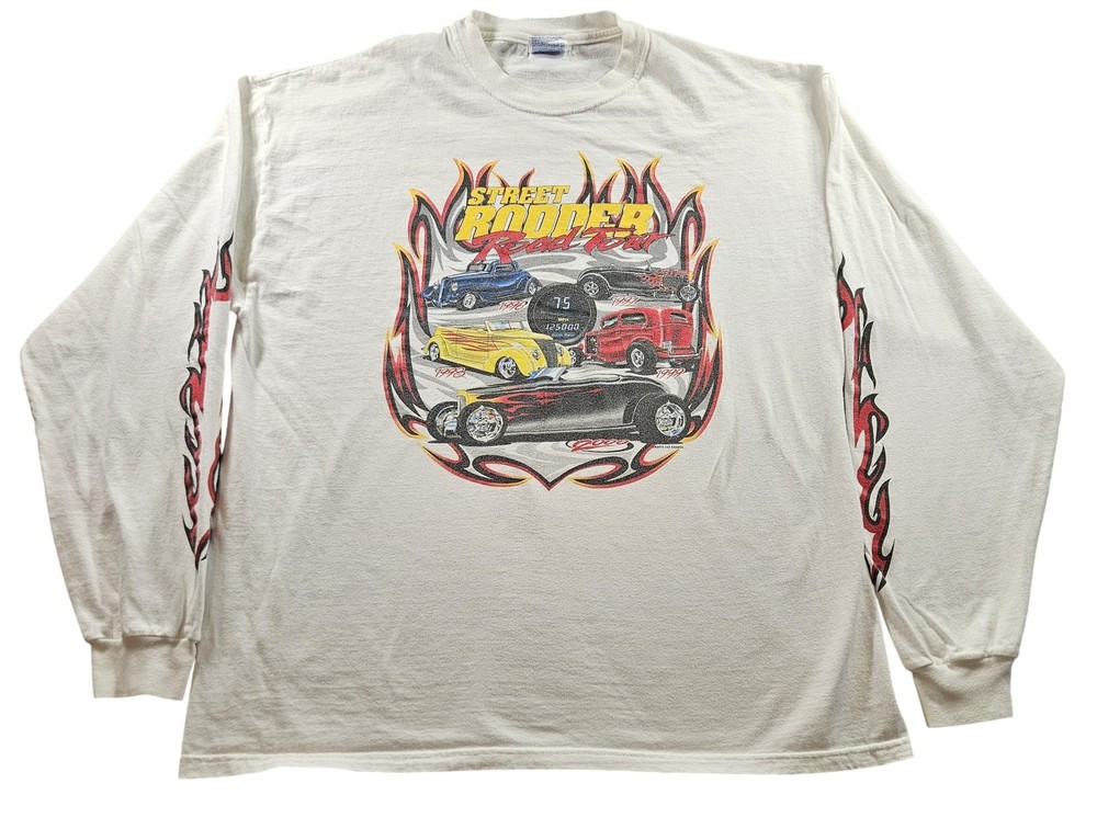 Vintage Street Rodder Shirt Mens XL White Long Sleeve Flames Hot Rod Cars 00s