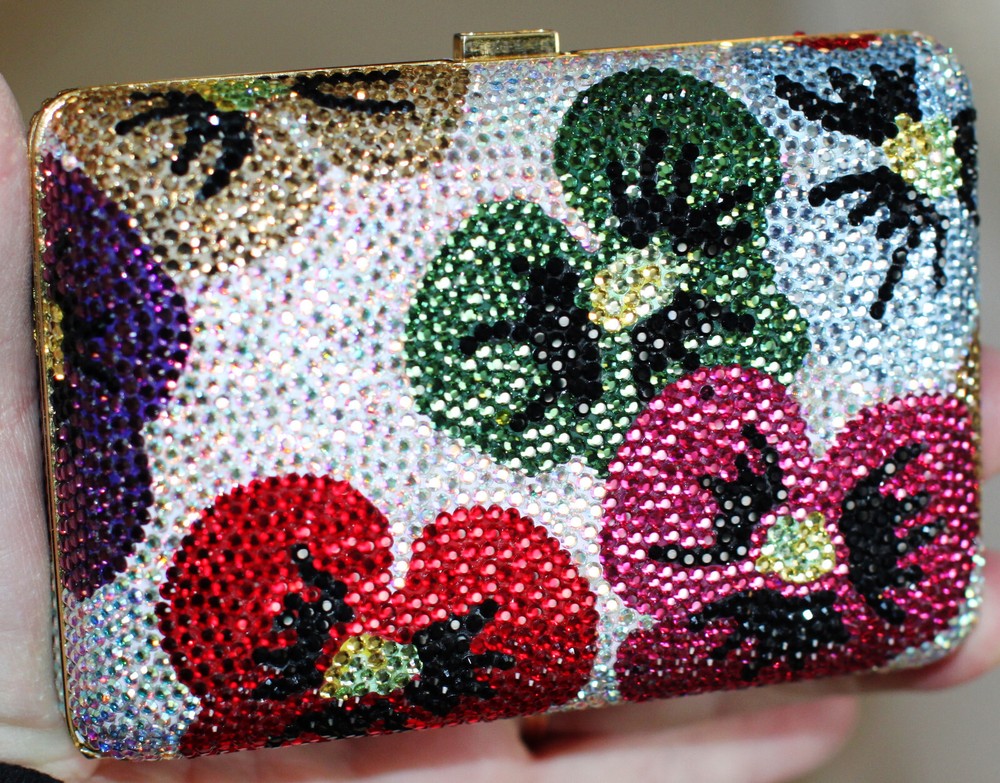 Judith Leiber Swarovski Crystal Floral Poppy Pansy Minaudiere Clutch Bag