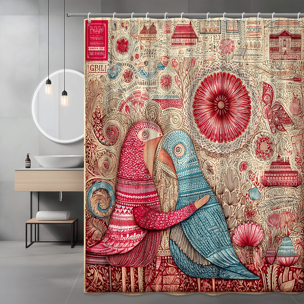 Boho Birds Floral Shower Curtain Red Blue Abstract Print