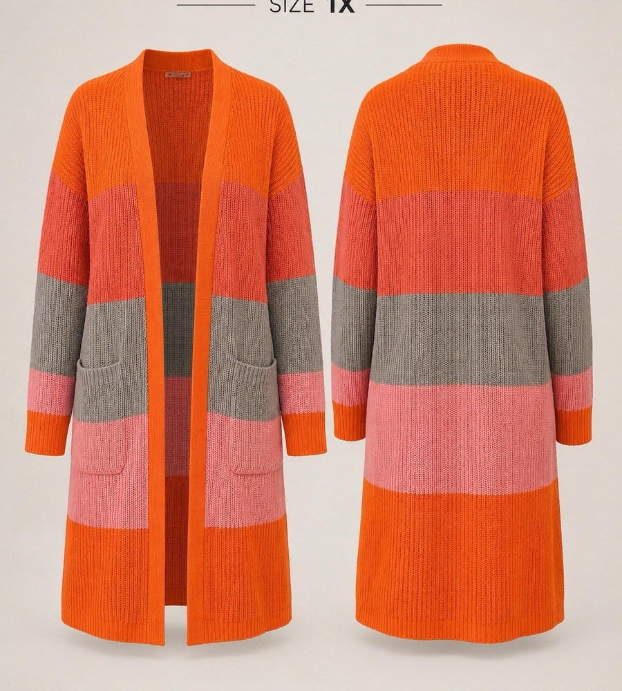 Womens Plus 1X Long Length Striped Open Front Knit Cardigan w/ Pockets